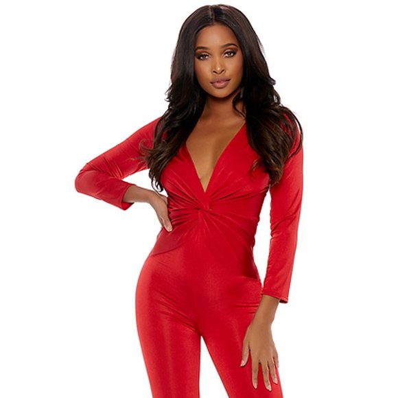 Knotted Capri Jumpsuit with Plunging Neckline - Red - Picture 1 of 6